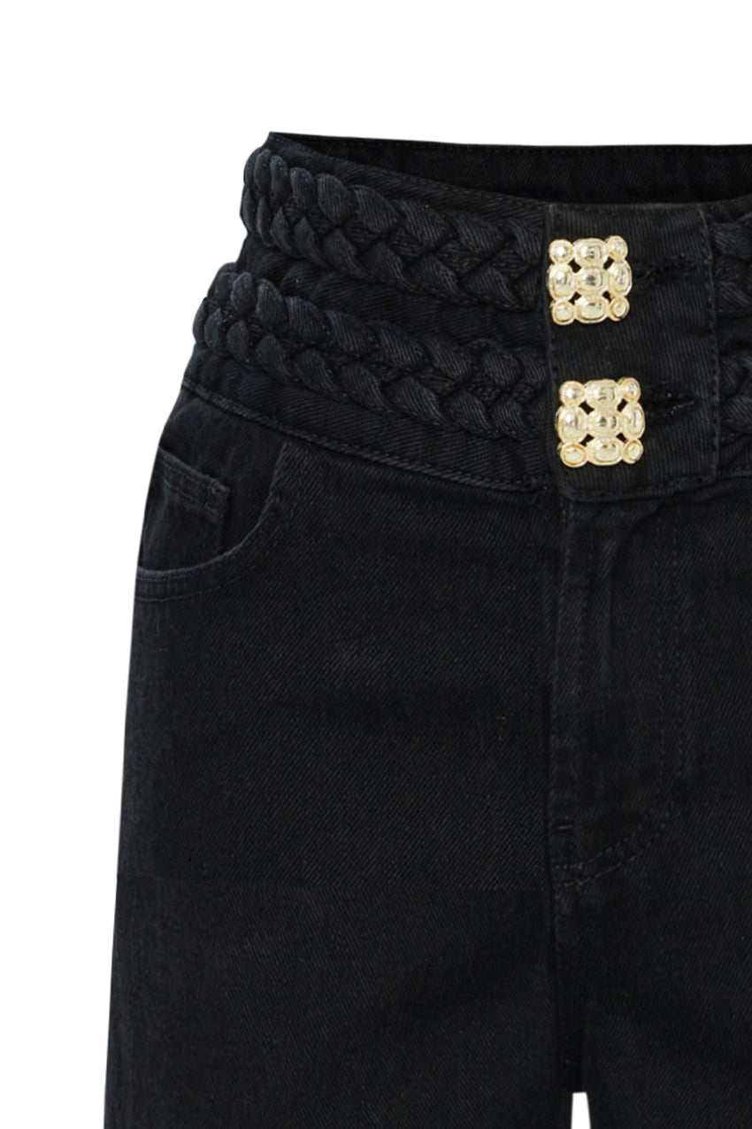 Regular Belted Wide Leg Denim Pants - Black