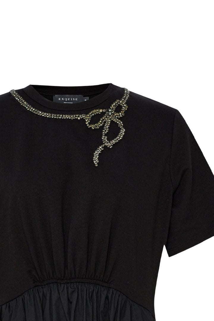 Afia K.Dress  Embroidered Collar Cotton Midi Dress - Black