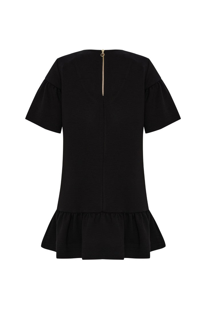 Slim Embroidered Crew Neck Mini Dress - Black