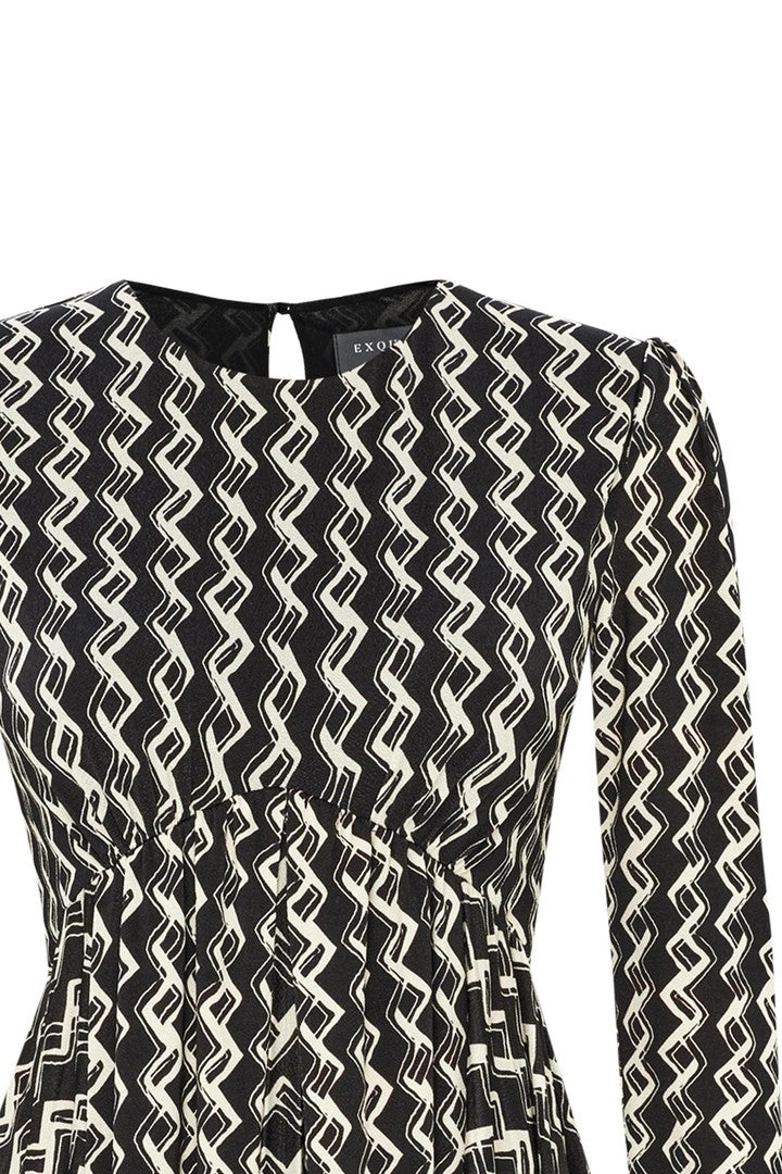 Regular Tie Detailed Geometric Patterned Stretch Knit Midi Dress - Ecru