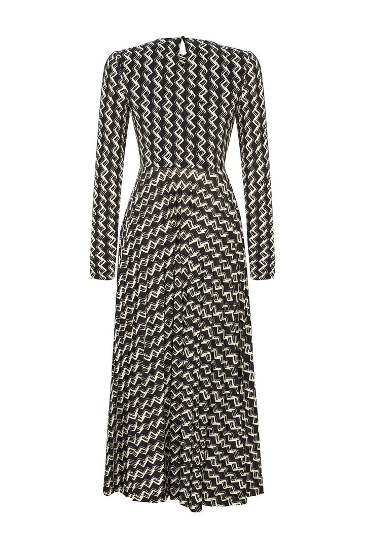 Regular Tie Detailed Geometric Patterned Stretch Knit Midi Dress - Ecru