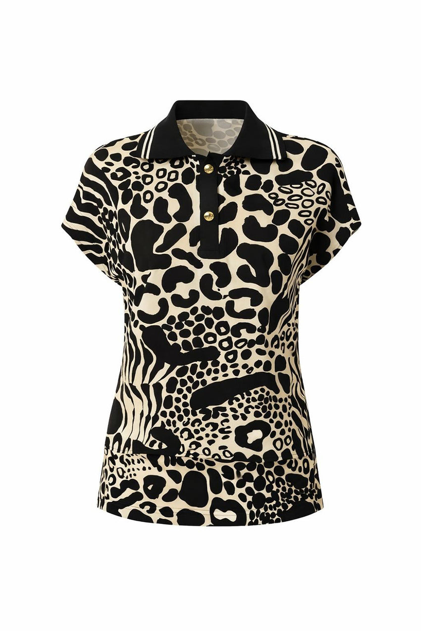Regular Abstract Print Sleeveless Shirt Collar Blouse - Black