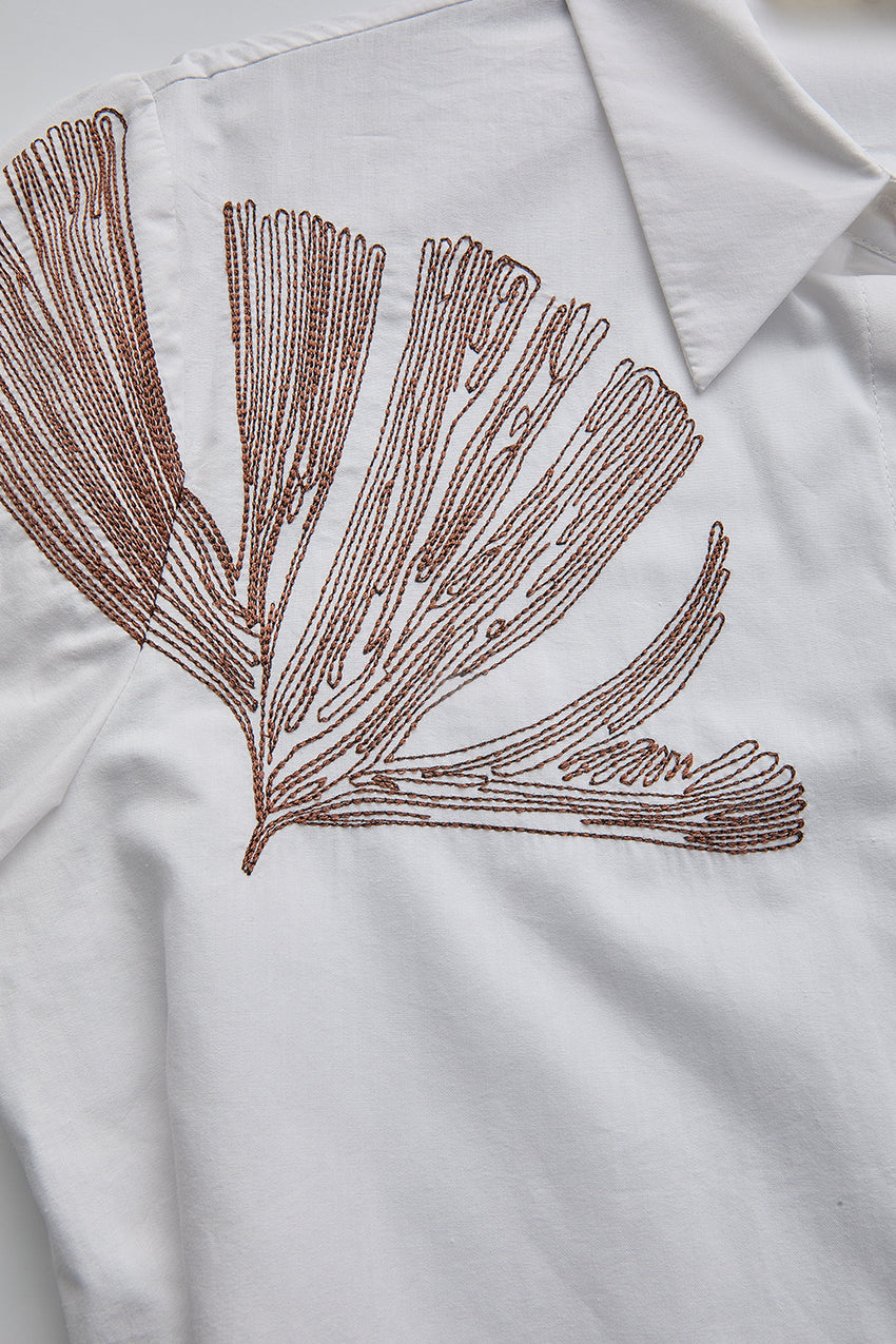 Regular Floral Stitch Cotton Shirt - Ecru