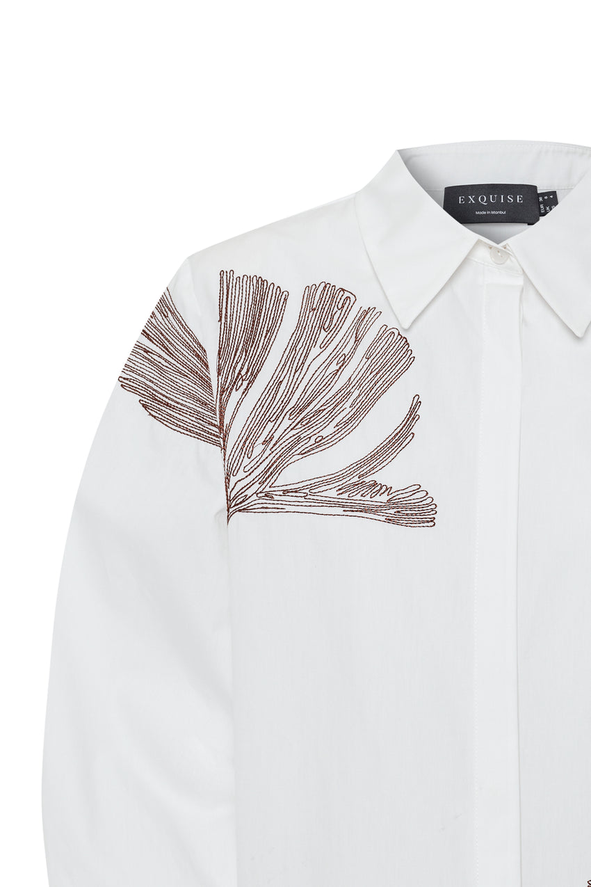 Regular Floral Stitch Cotton Shirt - Ecru