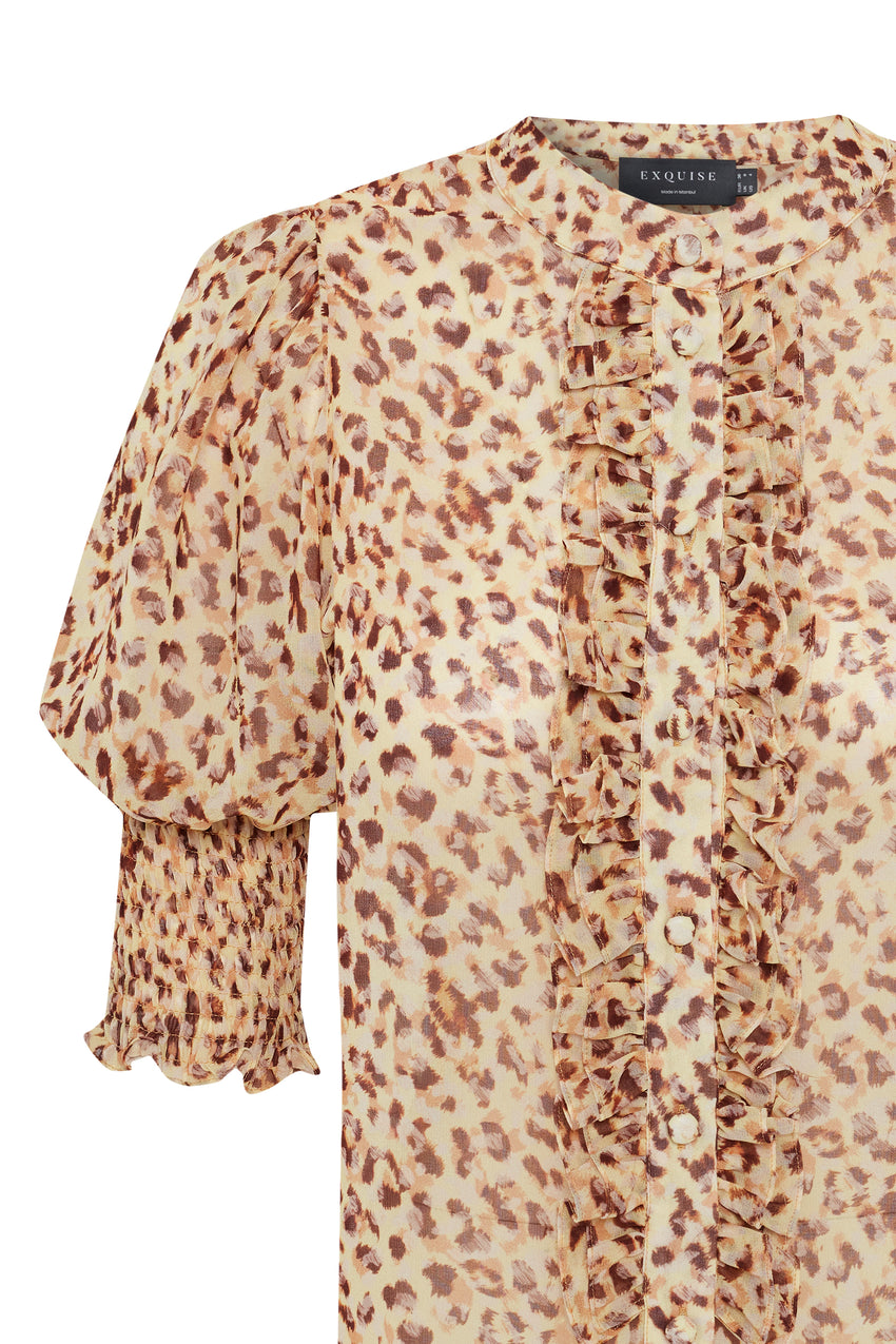 Regular Patterned Ruffle Piping Chiffon Shirt - Multi Color