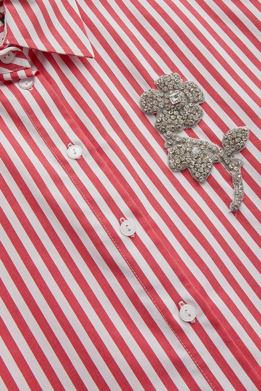 Regular Stone Embellished Striped Poplin Shirt - Red