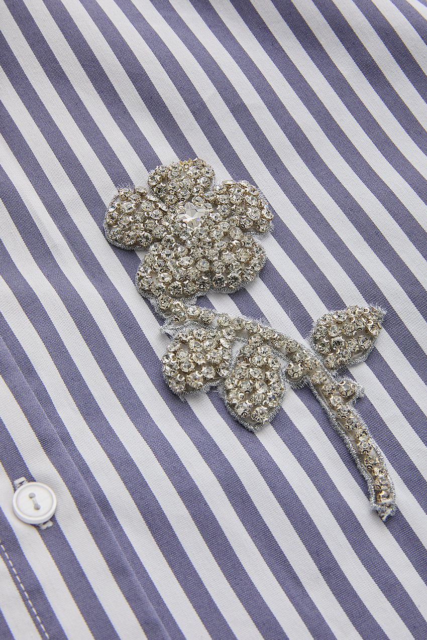 Regular Stone Embellished Striped Poplin Daniela Shirt - Navy