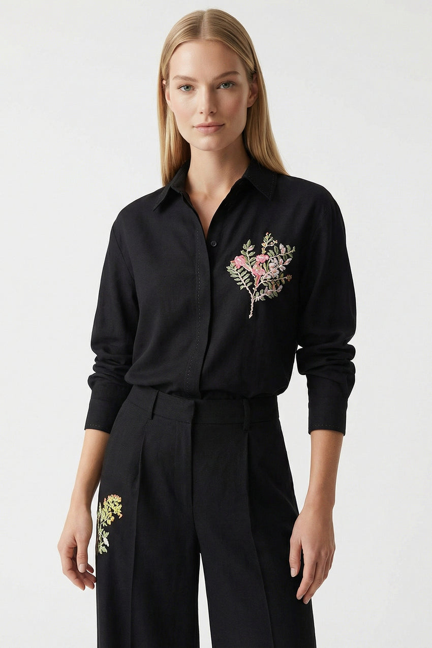 High Waist Wide Leg Linen Trousers - Black