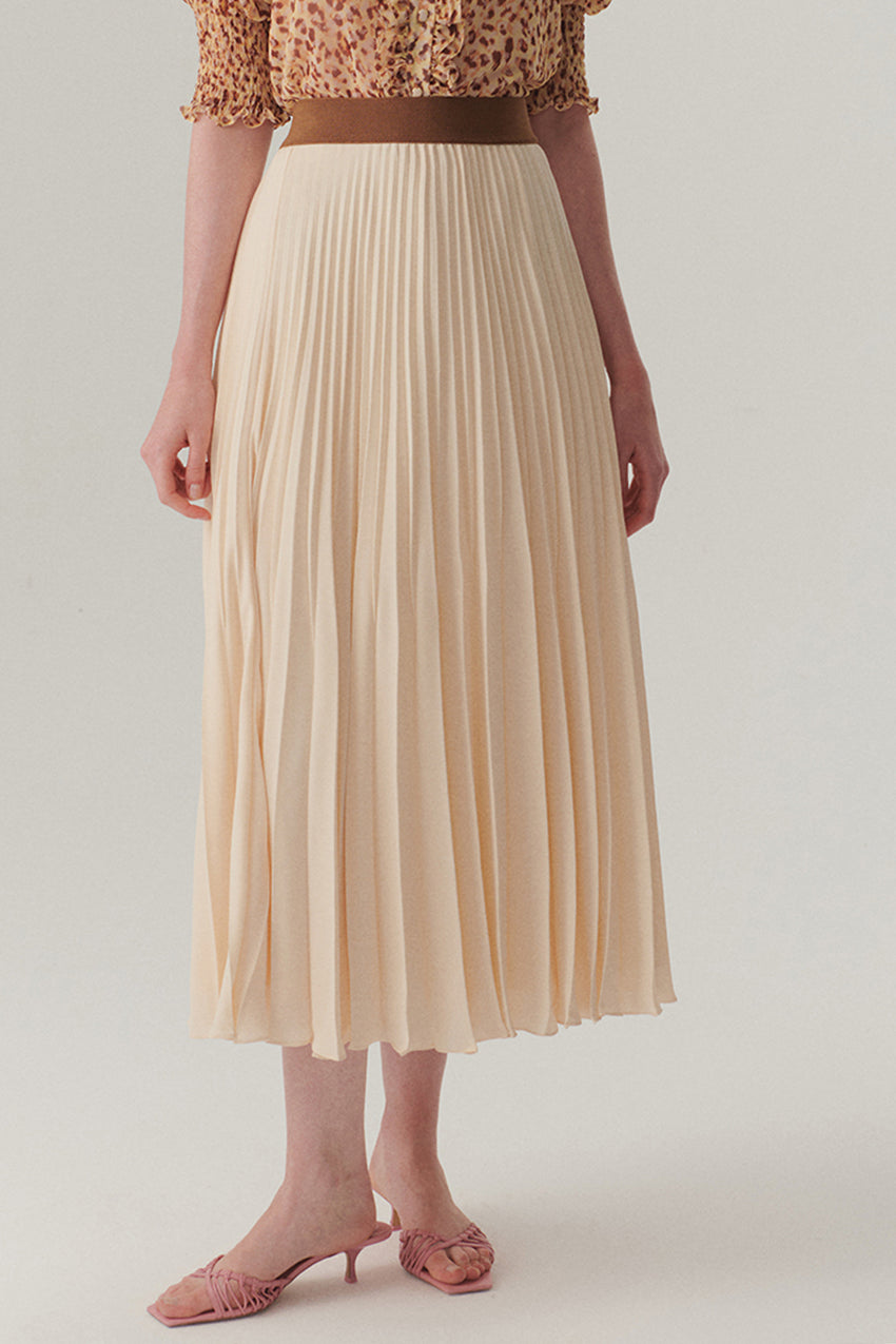Elastic Waist Pleated Midi Skirt - Ecru