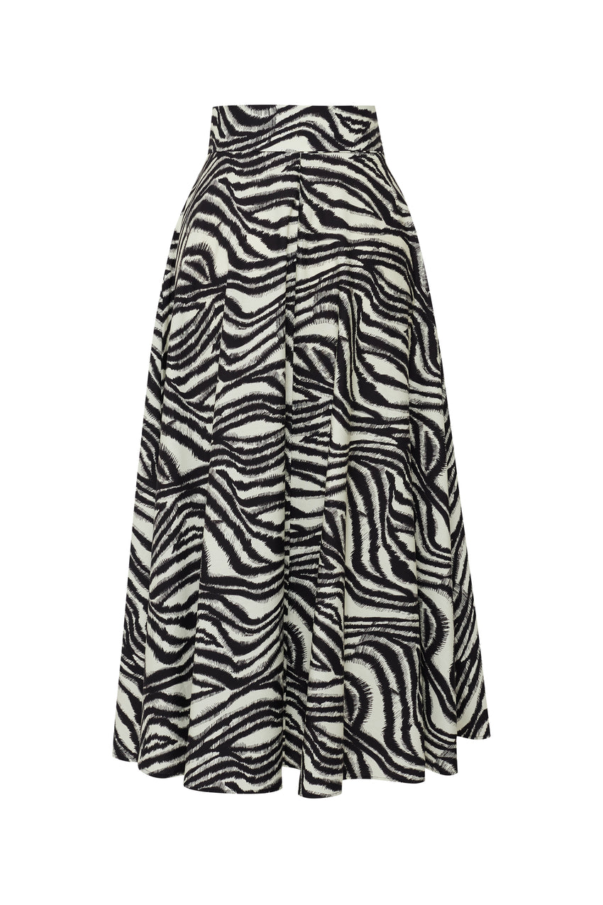 Regular Zebra Print Buckled Cotton Midi Skirt - Black
