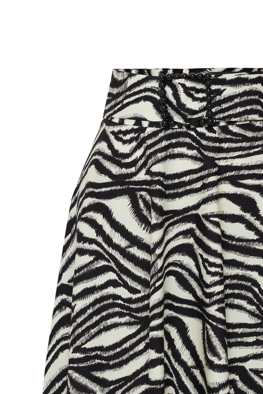 Regular Zebra Print Buckled Cotton Midi Skirt - Black
