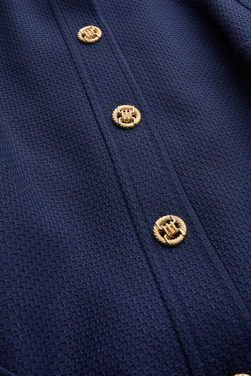 Slim Fit Textured Vest with Gold Button Details, Waist Tie, and Pockets-  Navy
