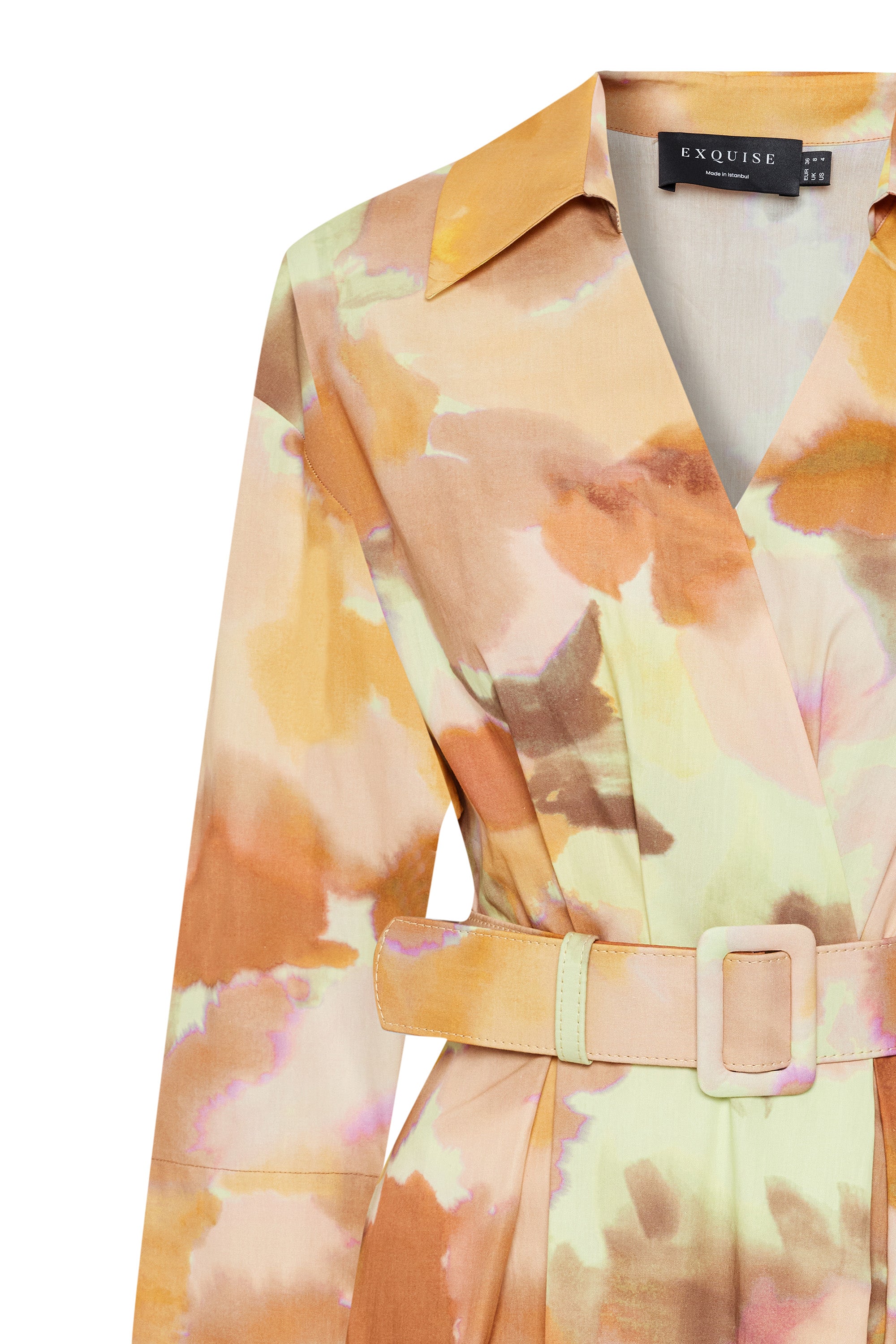 Regular Watercolor Belted Cotton Dress - Multi Color