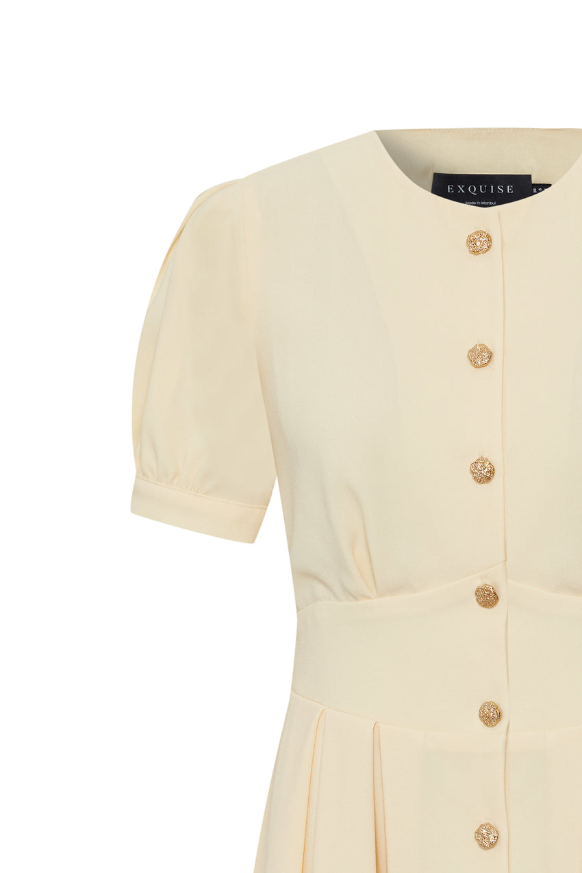 Fitted Waist Short Sleeve Dress - Ecru