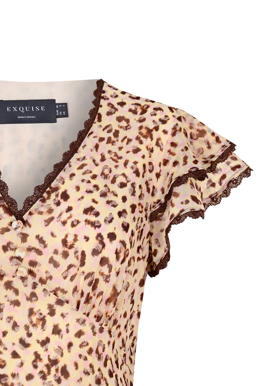 Regular V-Neck Patterned Chiffon Midi Dress - Multi Color