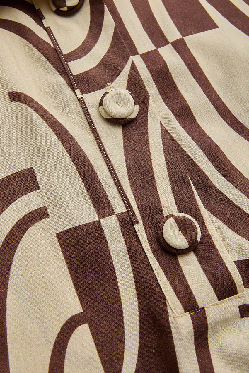 Regular Abstract Print Belted Shirt Dress - Brown