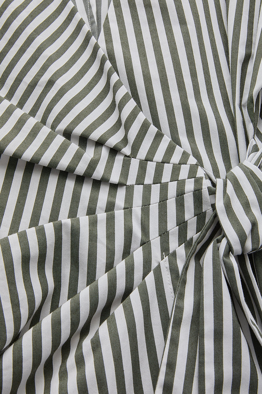 Regular Stripe Wrap Cotton Midi Dress - Khaki
