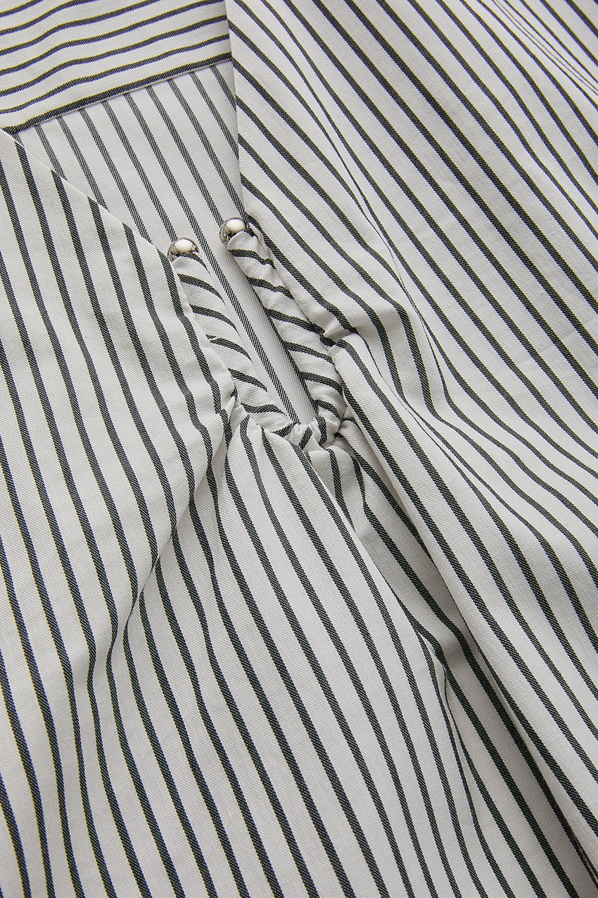 Relaxed Striped Pleated Buckle-Neck Cotton Dress - White