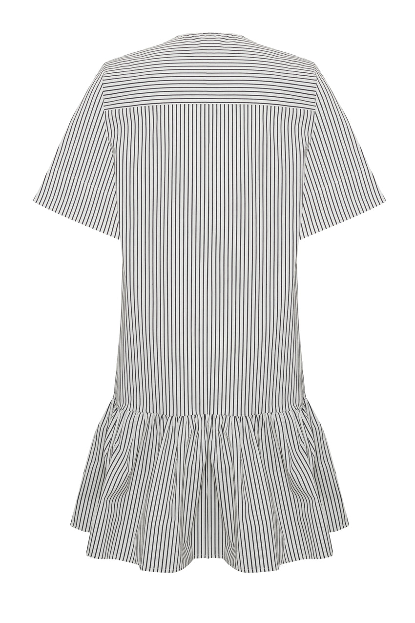 Relaxed Striped Pleated Buckle-Neck Cotton Dress - White