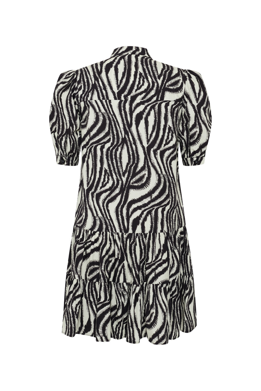 Regular Zebra Print Pleated Short Sleeve Cotton Mini Dress - Black