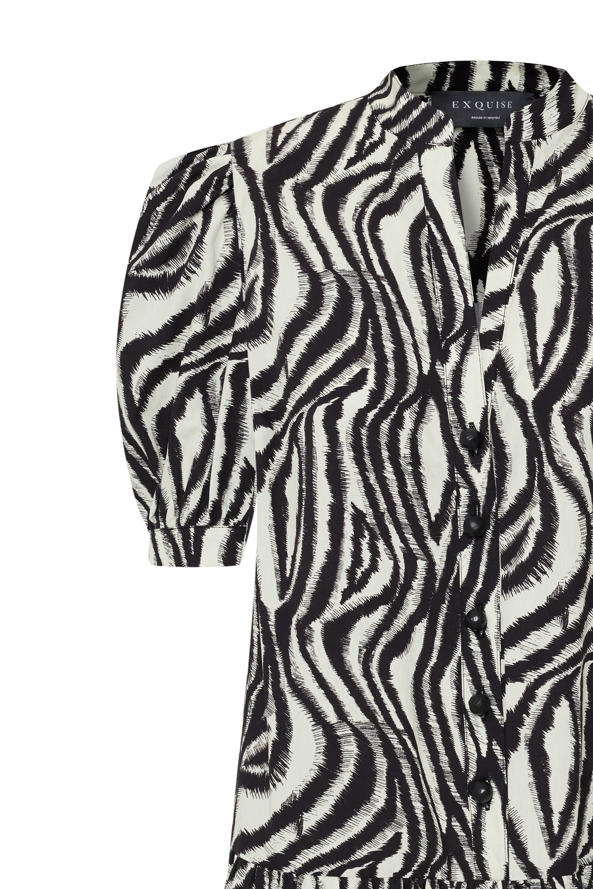 Regular Zebra Print Pleated Short Sleeve Cotton Mini Dress - Black