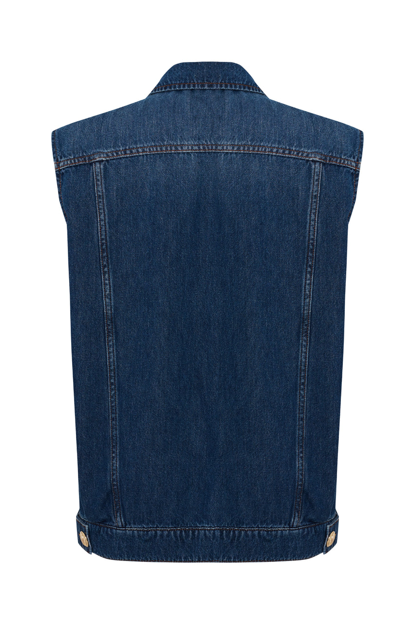 Regular Studded Indigo Denim Vest - Blue