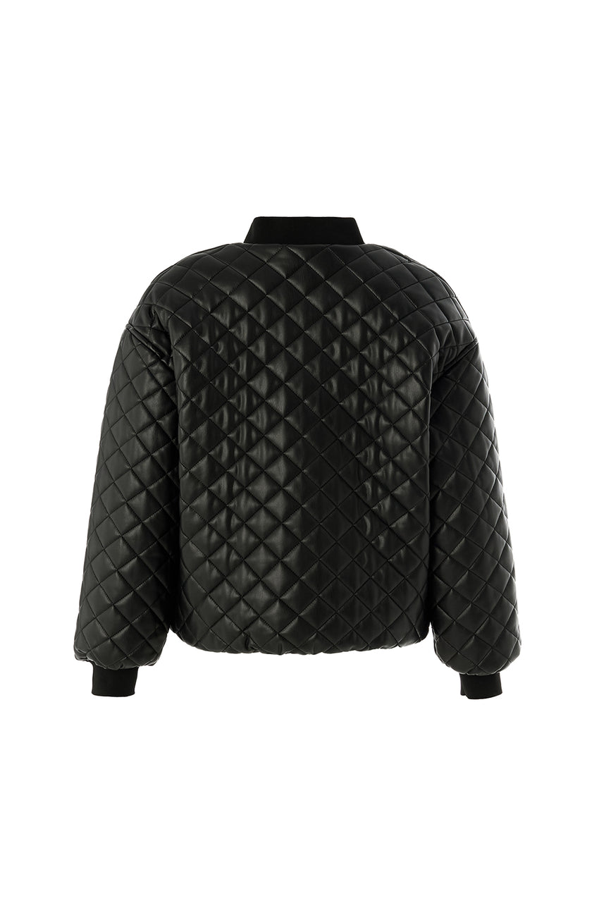 Regular Fit Shirt Collar Quilted Faux Leather Jacket - Black