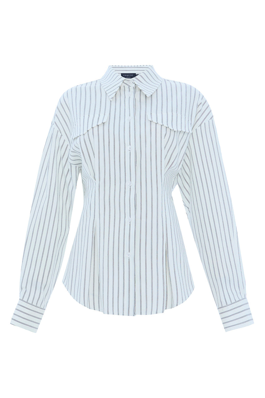 Striped Long Sleeve Slim Fit White Shirt White Black
