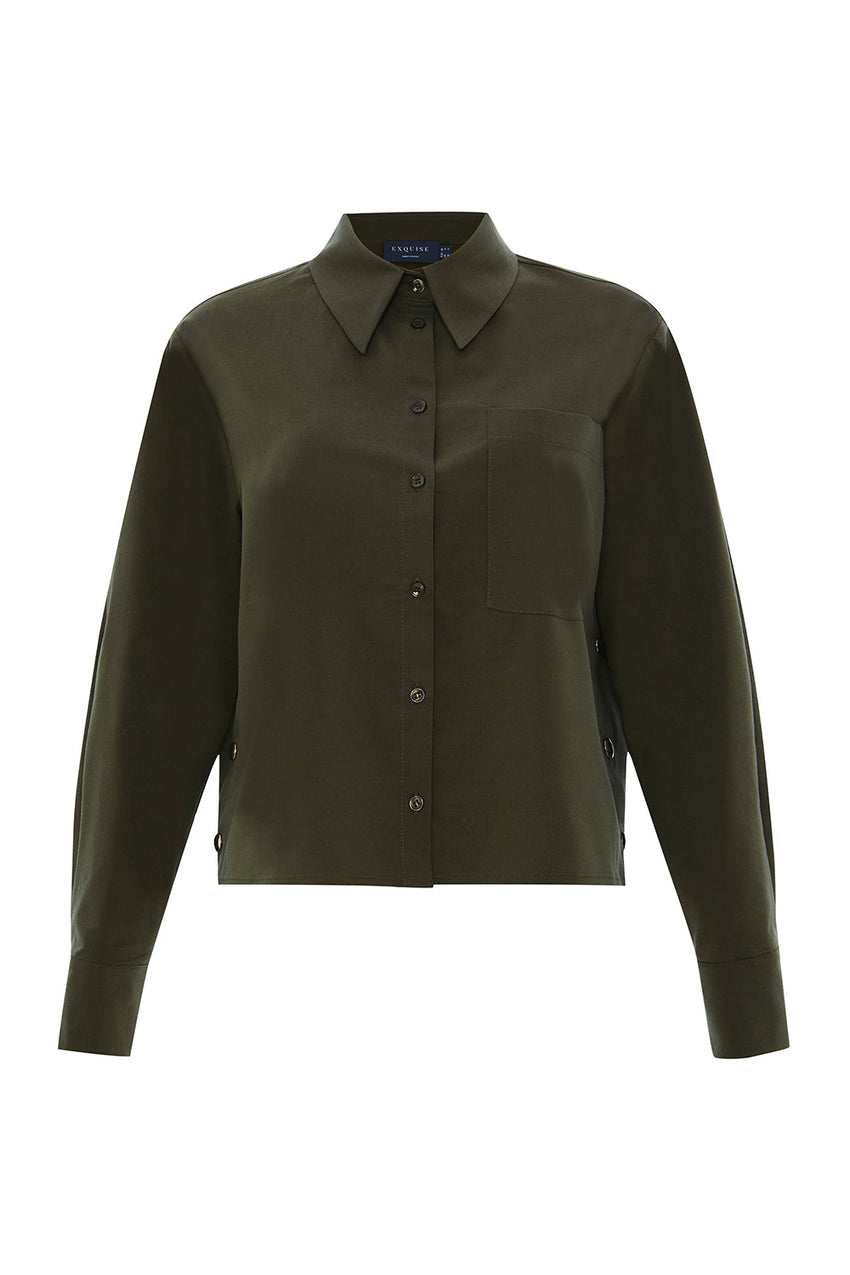 Theodora Structured Pocket Shirt with Classic Collar and Long Sleeves