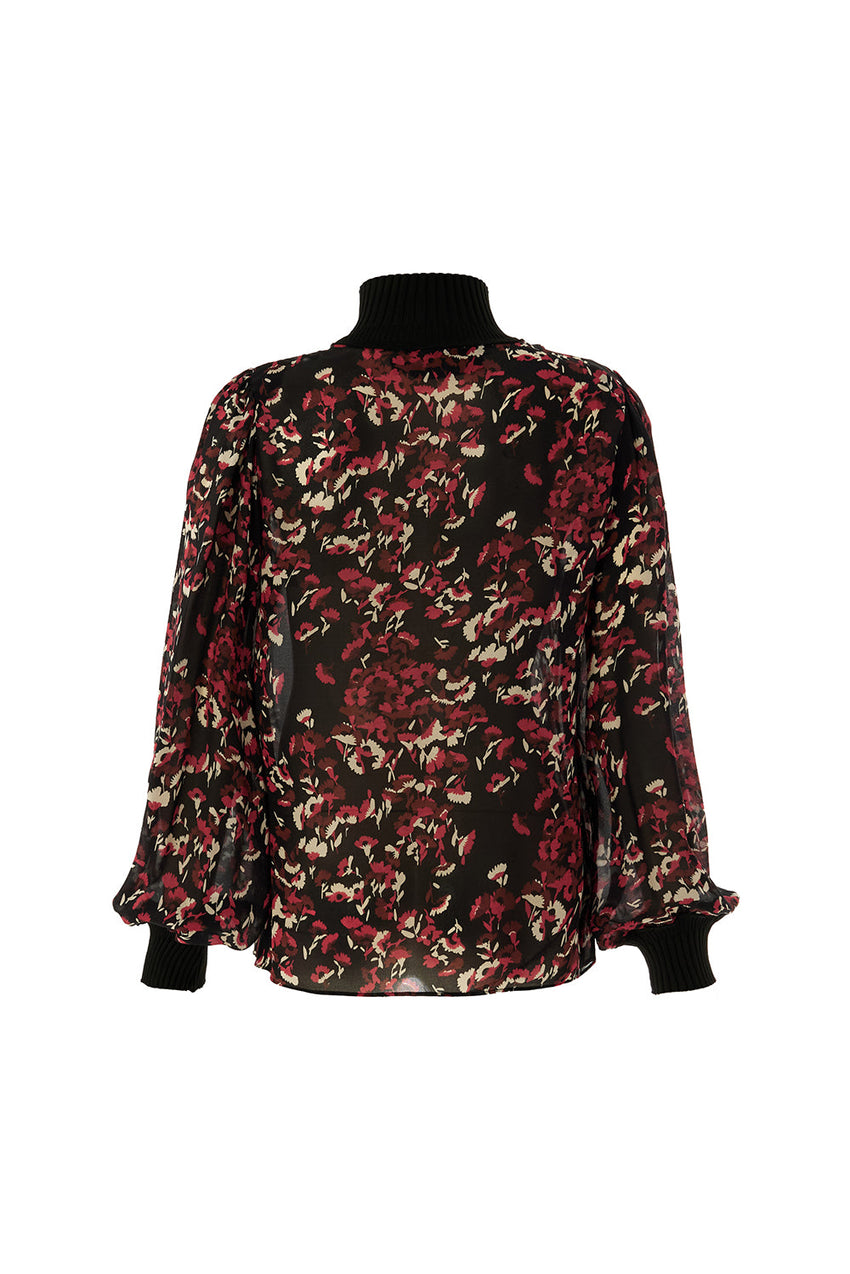 Johanna Multi-Color High-Neck Long-Sleeve Blouse with Knit Cuffs