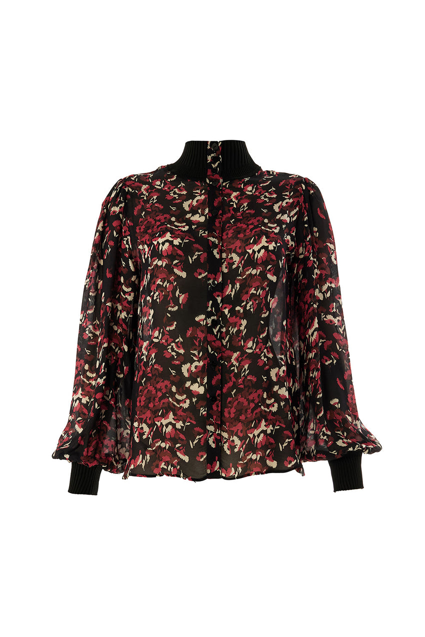 Johanna Multi-Color High-Neck Long-Sleeve Blouse with Knit Cuffs