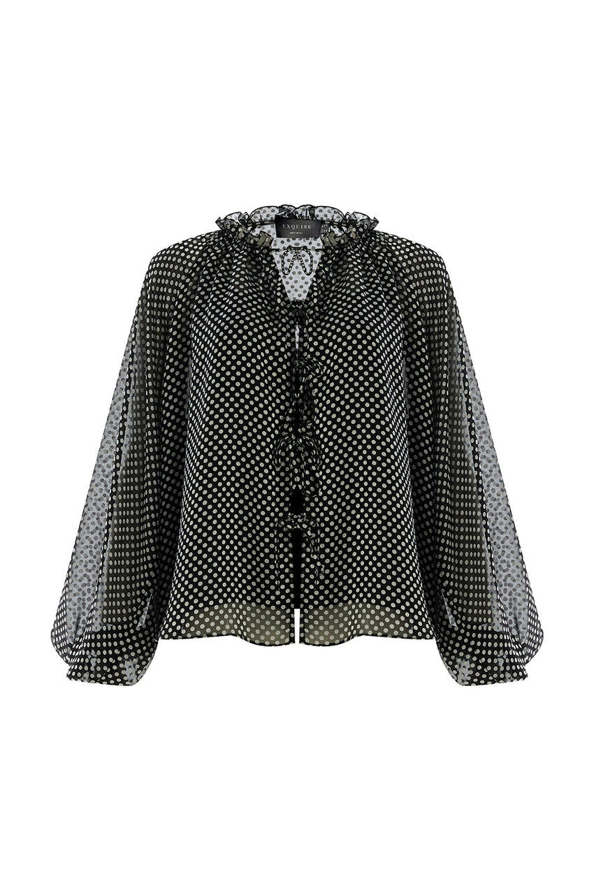 Polka Dot Long Sleeve Tie Detail Regular Grey Black Shirt Grey Black Shirt