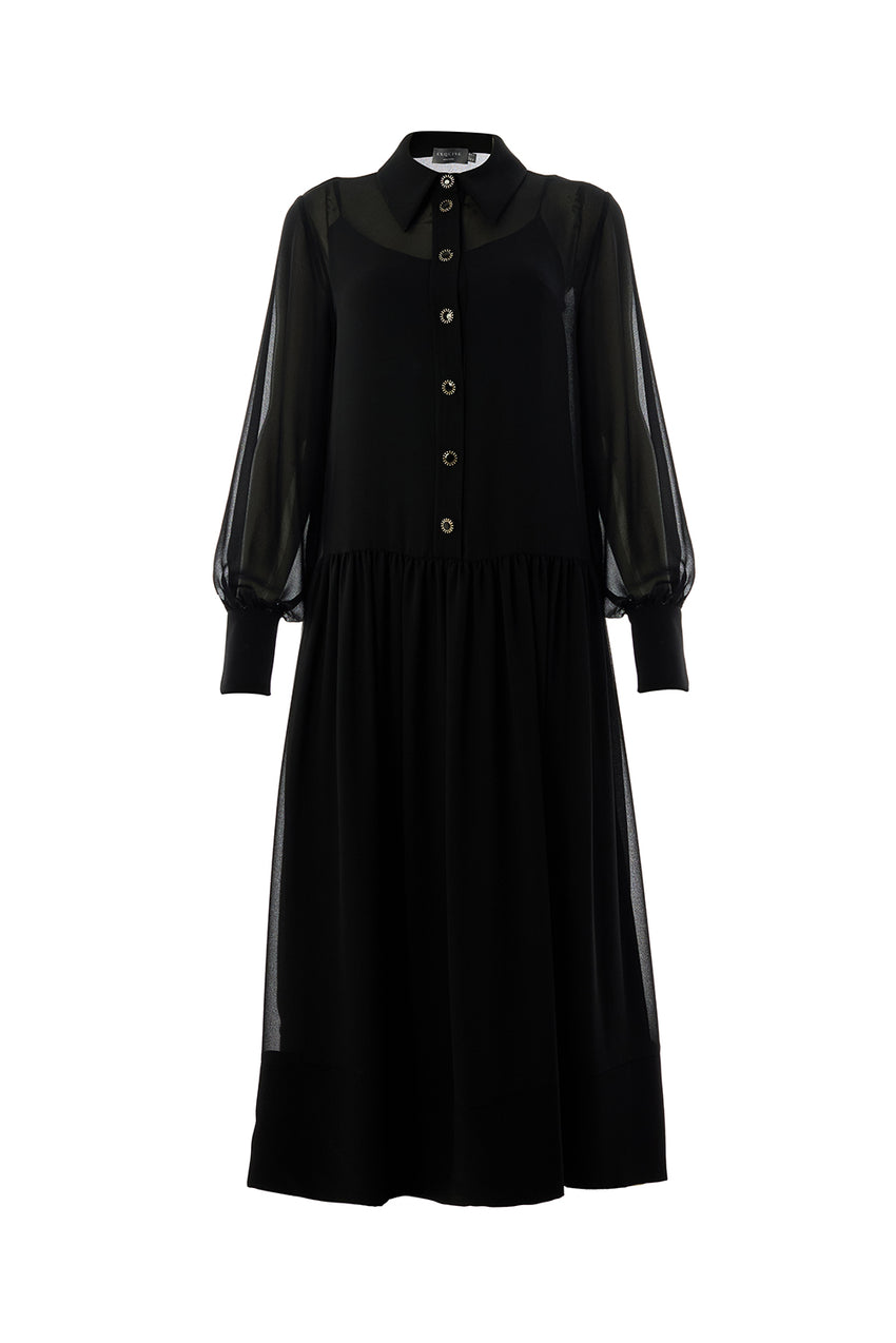 Birdie Shirt Collar Long Sleeve Dress - BLACK