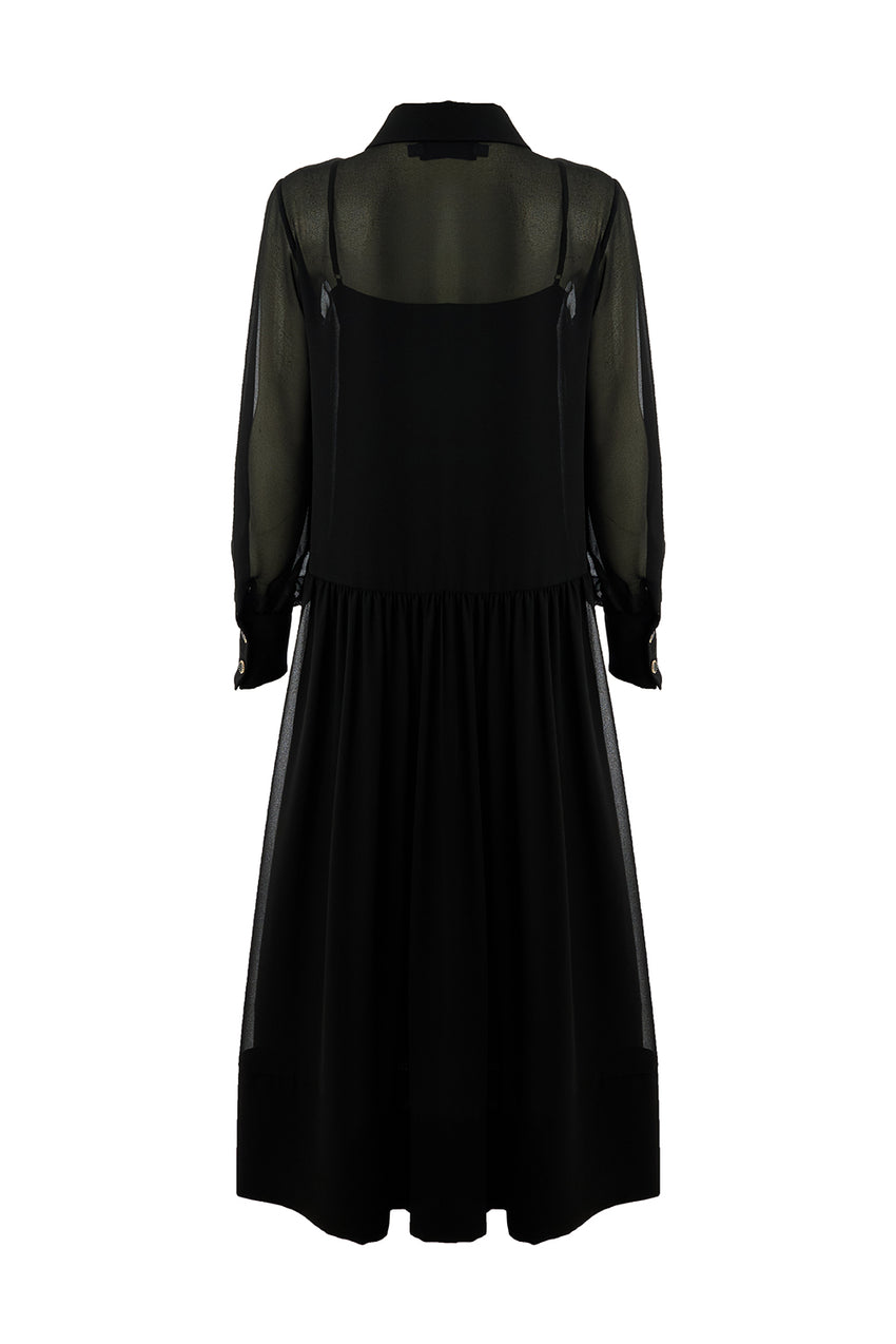 Birdie Shirt Collar Long Sleeve Dress - BLACK