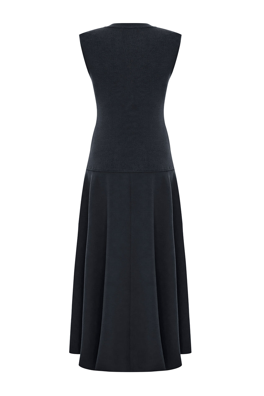 Hadlee Ribbed Top Sleeveless Poplin Skirt Dress - Black