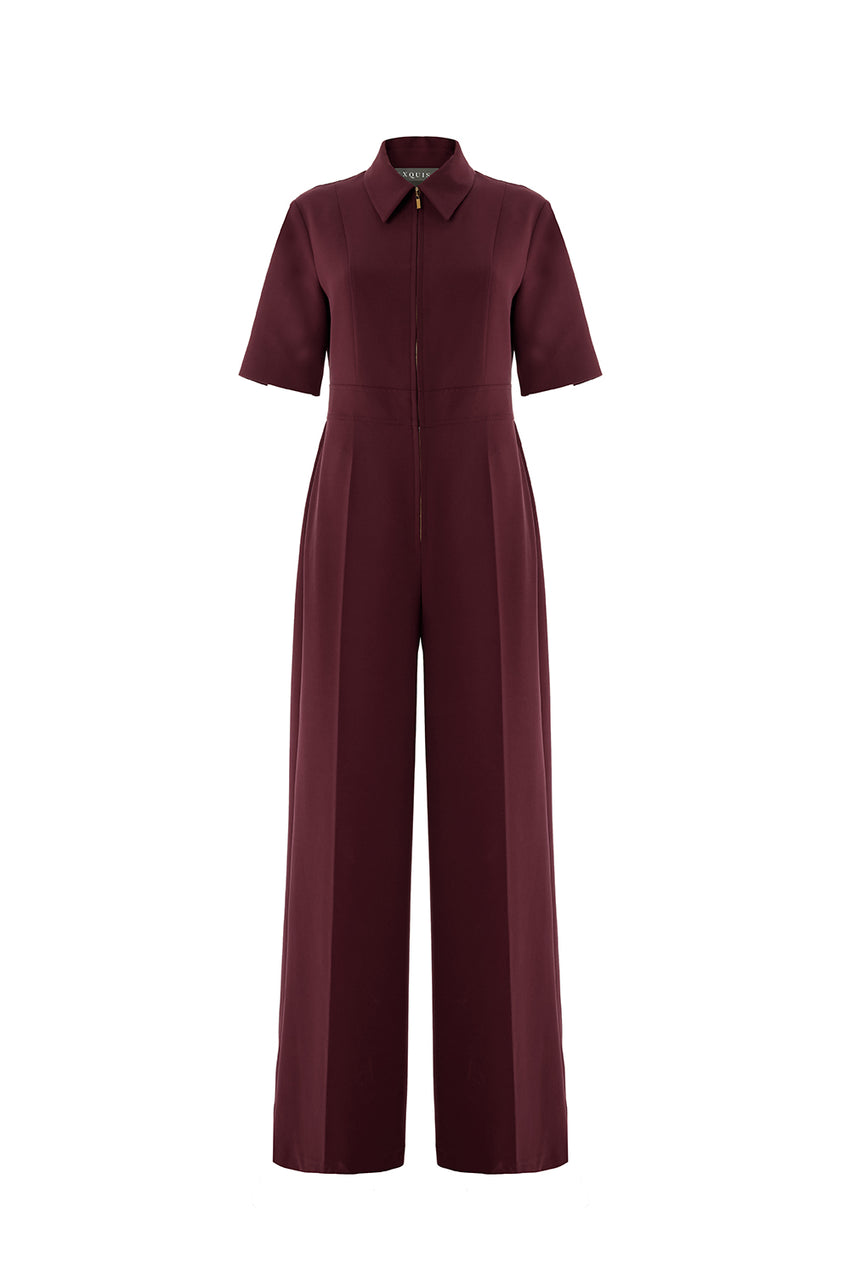 Slim Fit Shirt Collar Jumpsuit - Red