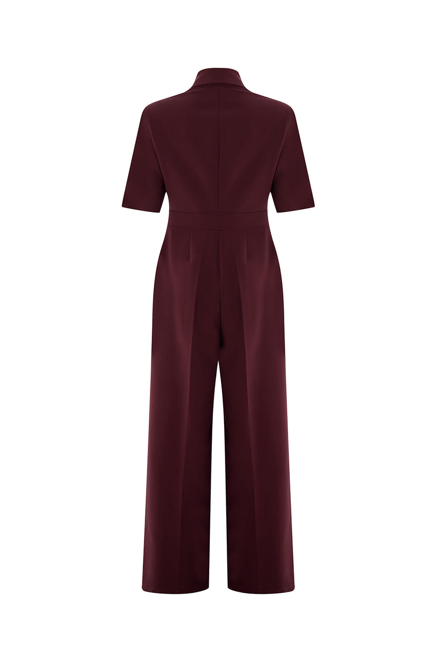 Slim Fit Shirt Collar Jumpsuit - Red