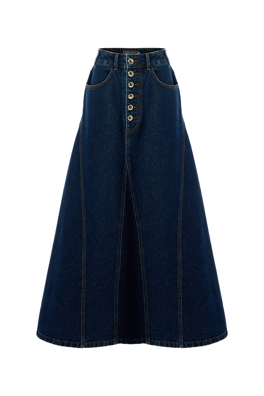 Regular Pocket Detail Denim Maxi Skirt - Blue