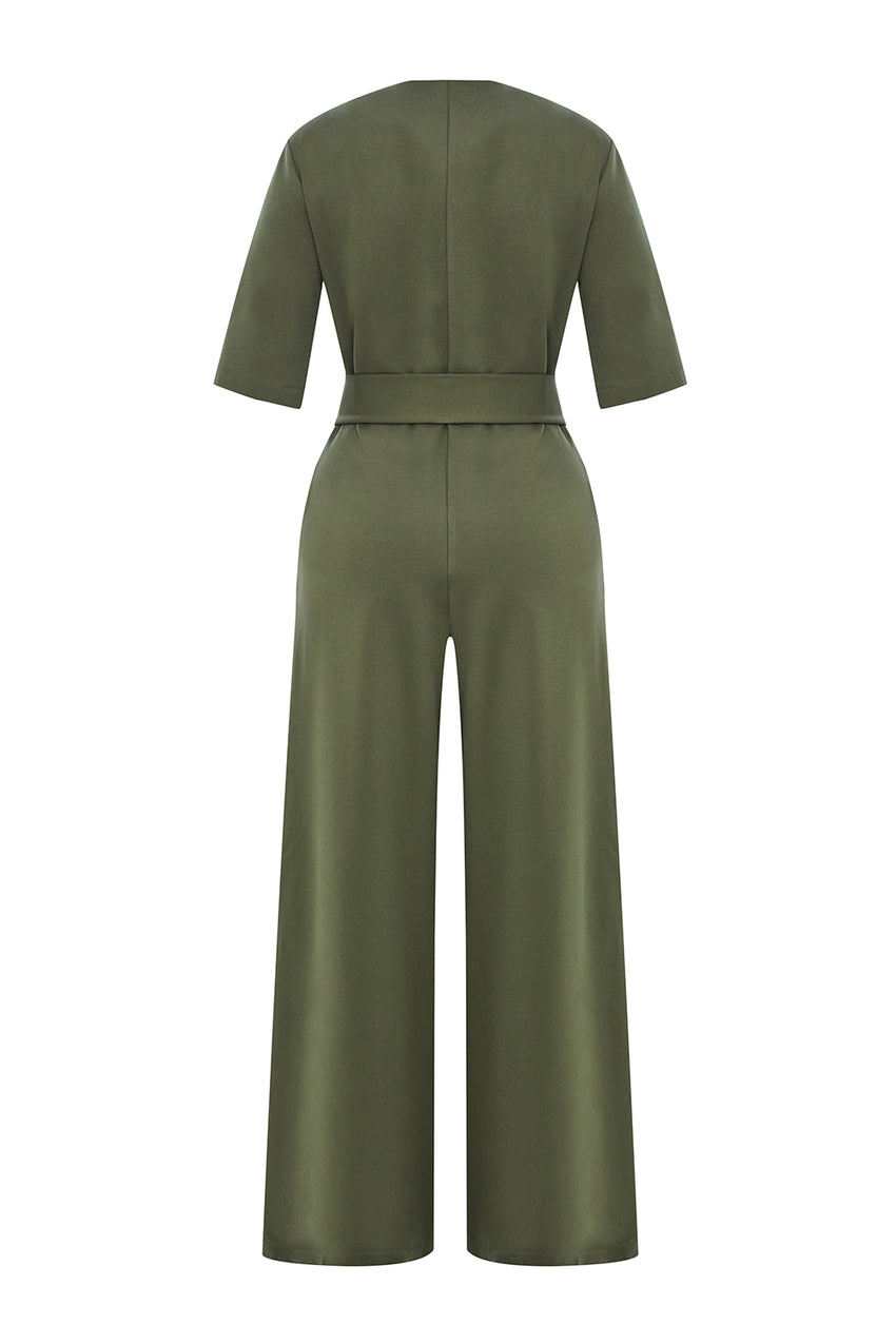 Regular V-Neck Short Sleeve Jumpsuit - Khaki