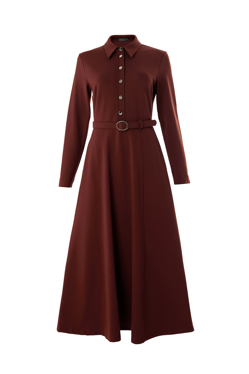 Georgina Shirt Collar Long Sleeve Knit Dress With Pockets - BROWN