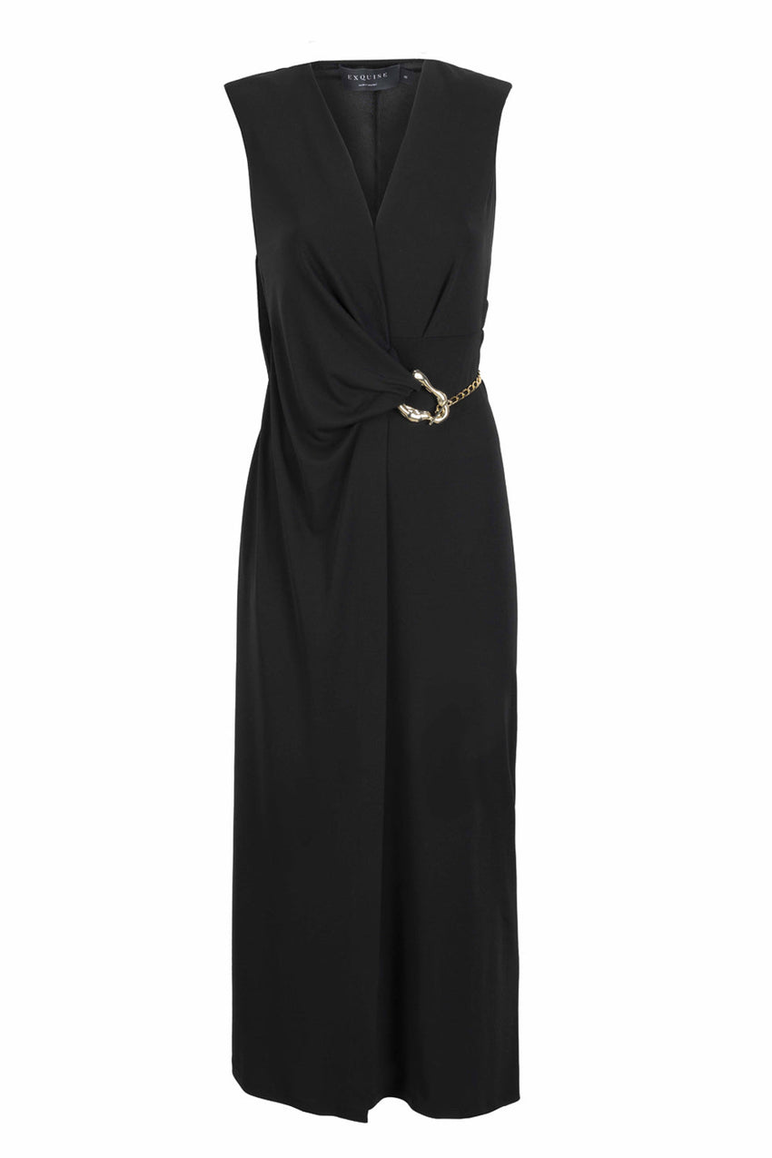 Black Midi Dress with Chain and Buckle Details