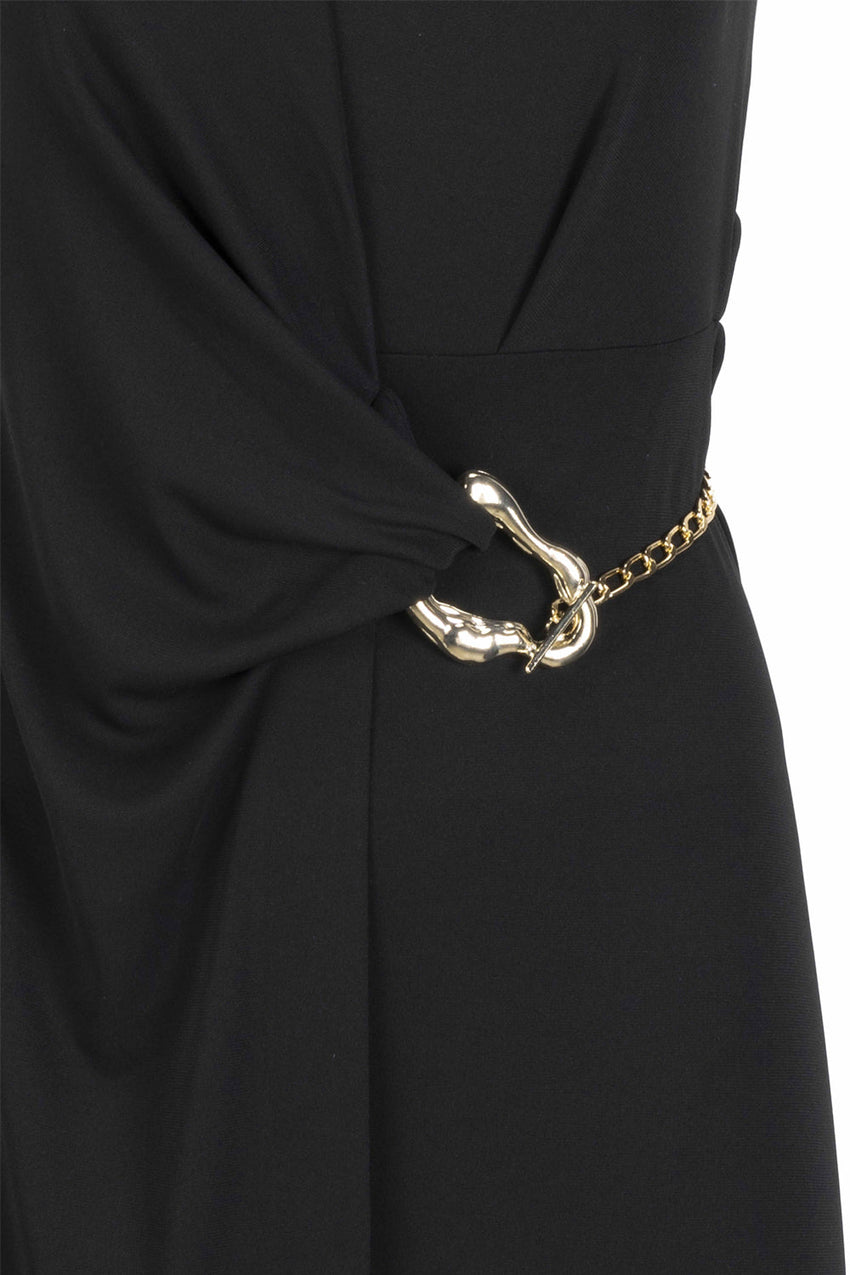 Black Midi Dress with Chain and Buckle Details