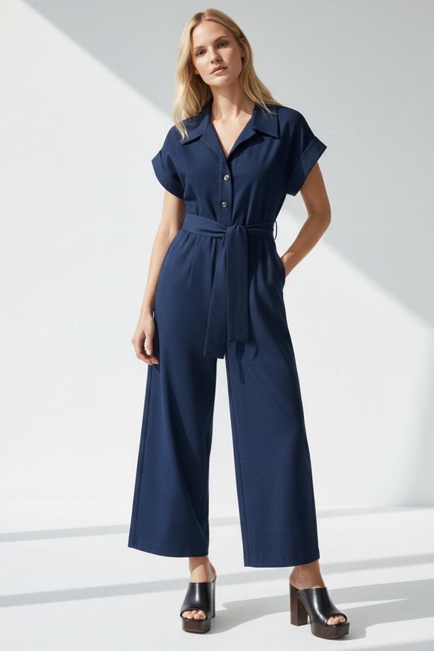 Shirt Collar Short Sleeve Pocket Belted Midi Jumpsuit - NAVY BLUE