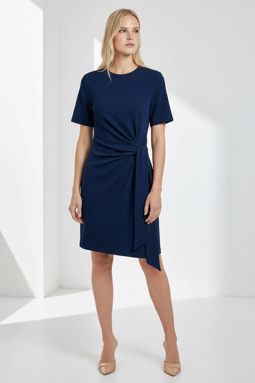 Round Neck Tie Waist Mini Knit Dress - NAVY BLUE