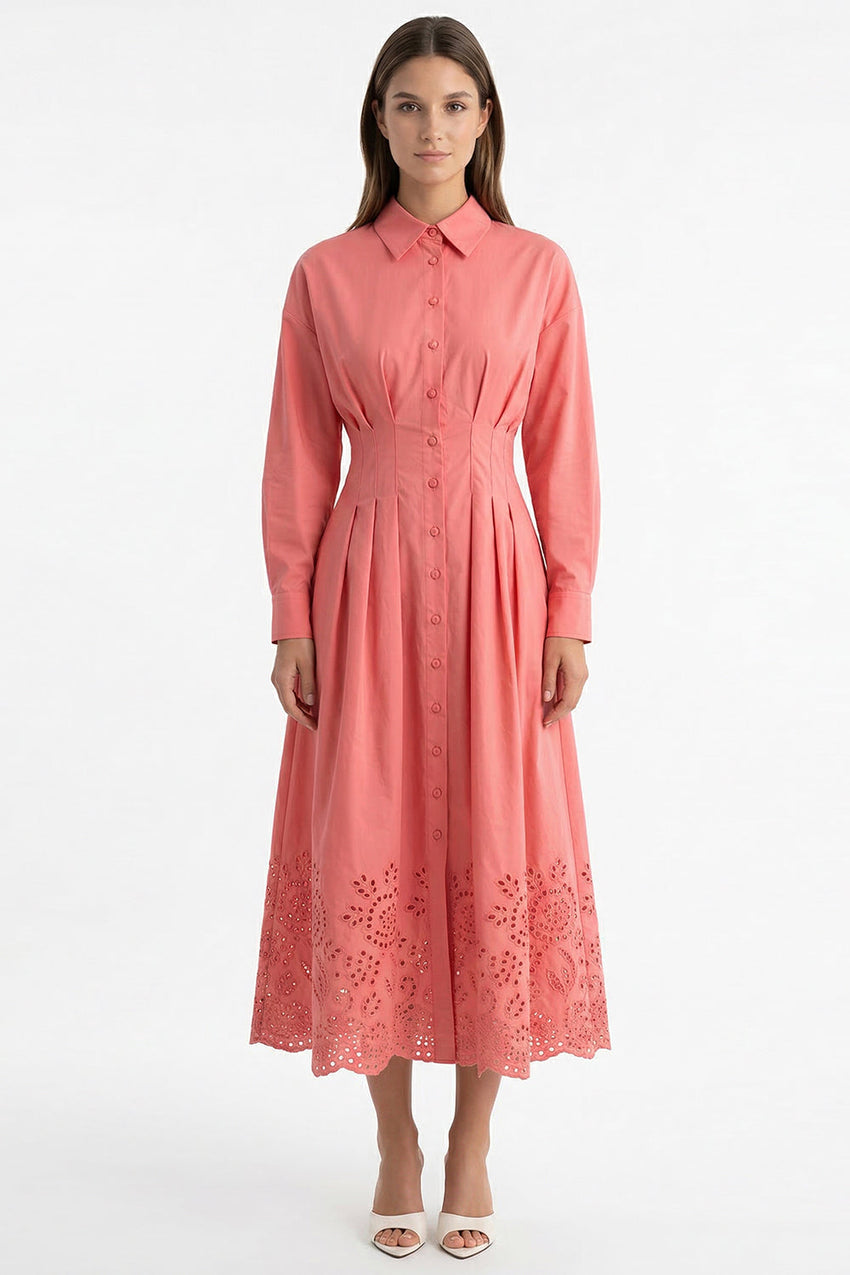 Embroidered Midi Shirt Dress - PINK