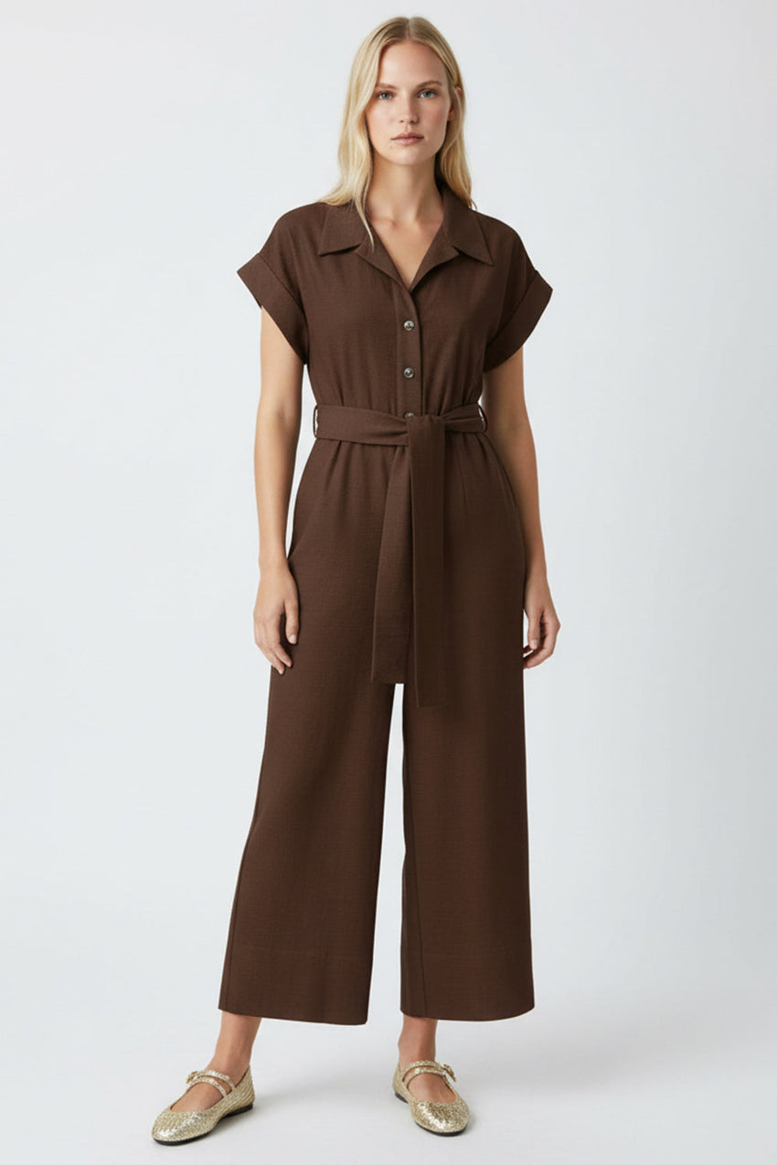 Shirt Collar Short Sleeve Pocket Belted Midi Jumpsuit - BROWN