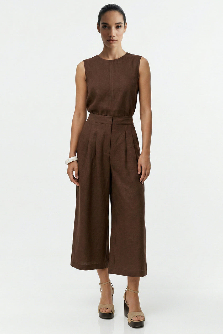 Pocket Zipper Culotte Linen Pants - BROWN