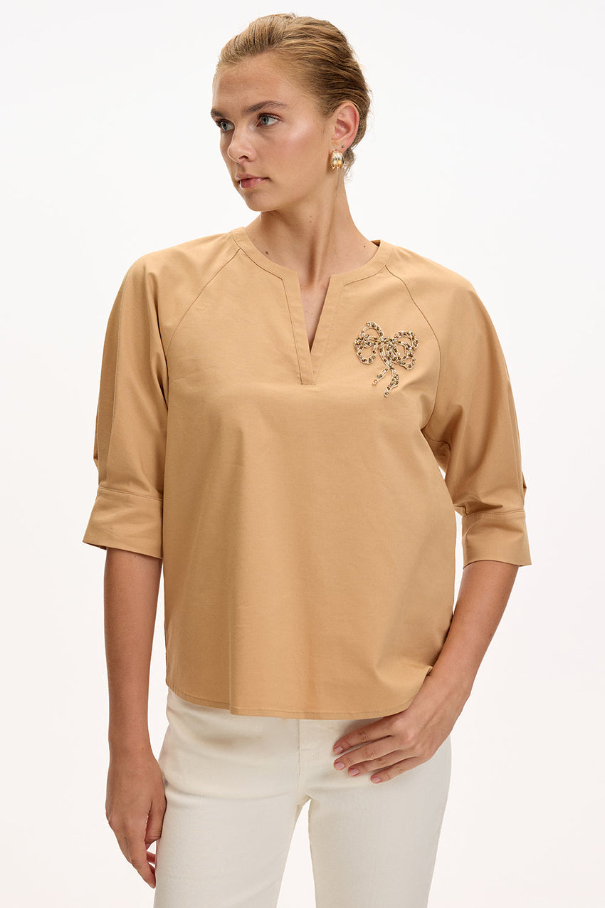 V Neck Short Sleeve Blouse - CAMEL