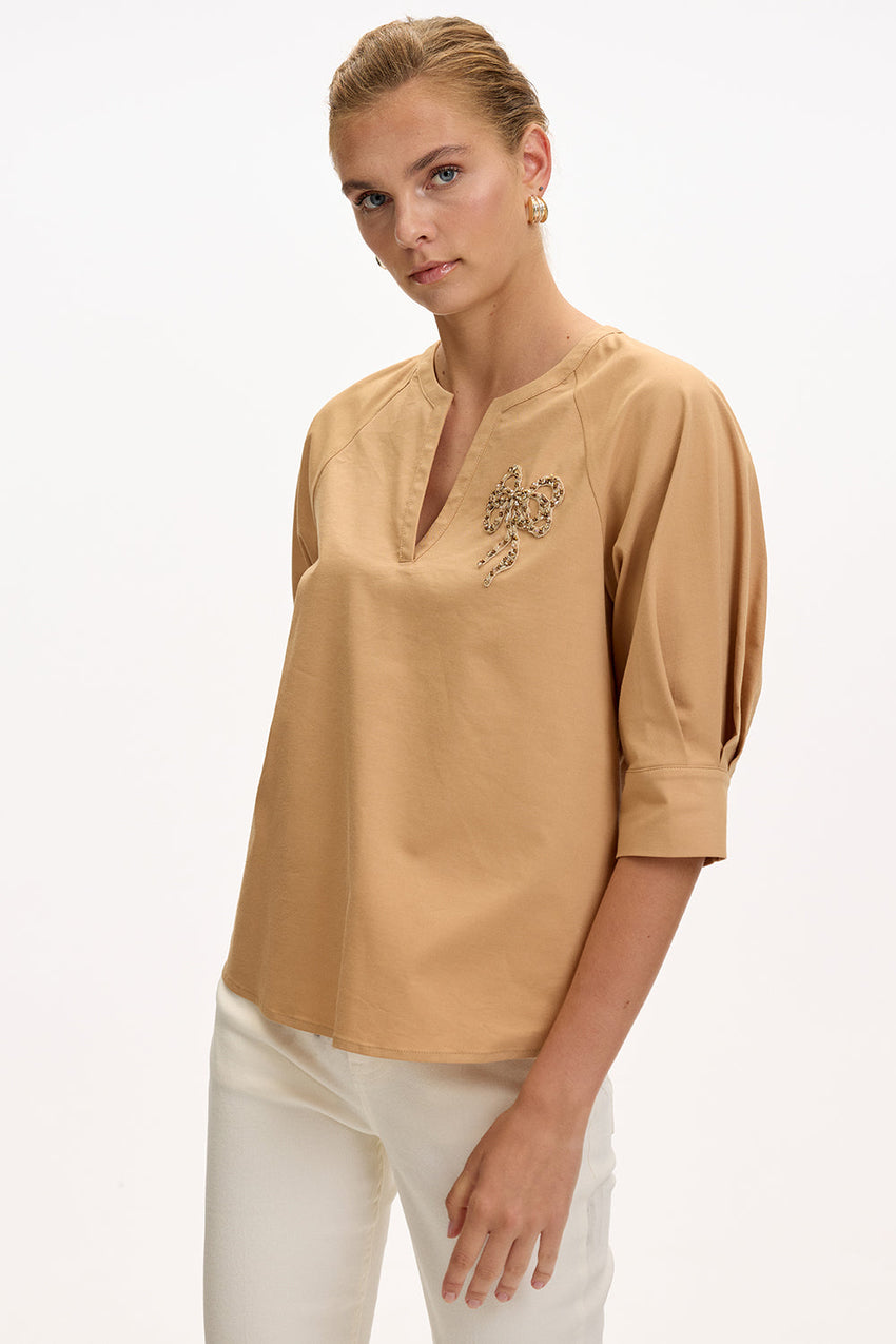 V Neck Short Sleeve Blouse - CAMEL