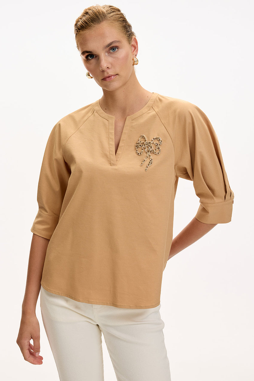 V Neck Short Sleeve Blouse - CAMEL